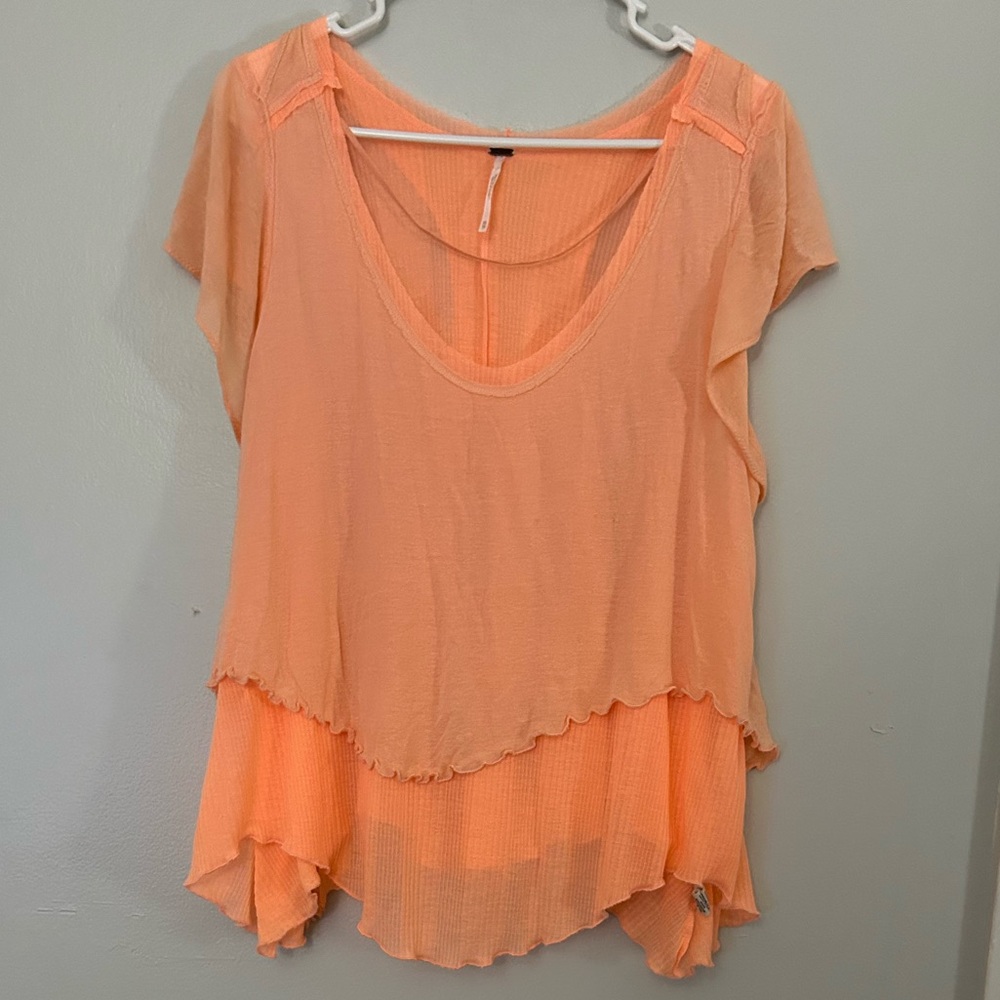 Free People Linen Blend Peplum Layered Short Sleeve Top Size XS